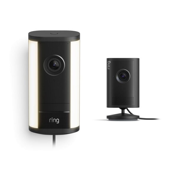 Ring Spotlight Cam Pro Enchufe Negro con Indoor Cam Plus Negro Video Retinal 4K Zoom 10x Low-Light Sight y Retinal 2K Zo