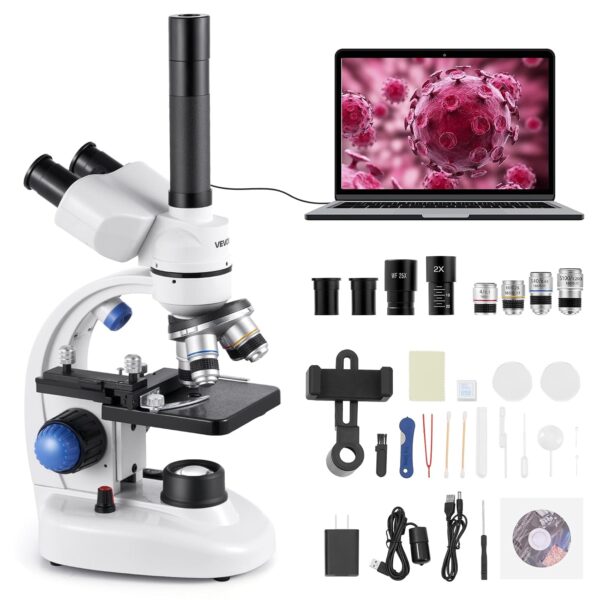 VEVOR Microscopio trinocular, aumento 40-5000X, microscopio compuesto profesional para adultos con adaptador de teléfono