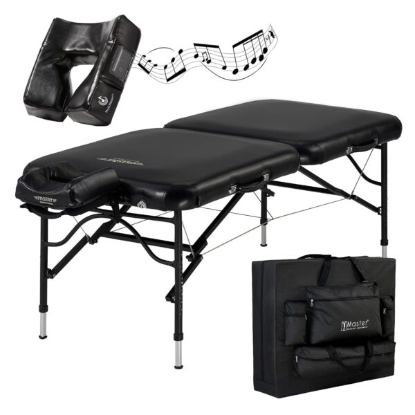 Mesa de Masaje Portátil Master Massage StratoMaster LX 30x84 Pulgadas Aluminio Negro con Cojín Musical