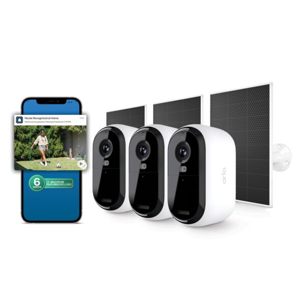 Cámara de seguridad Arlo Essential (3ª generación - versión 2025) 3 cámaras + 3 paneles solares + 6 meses de plan Secure