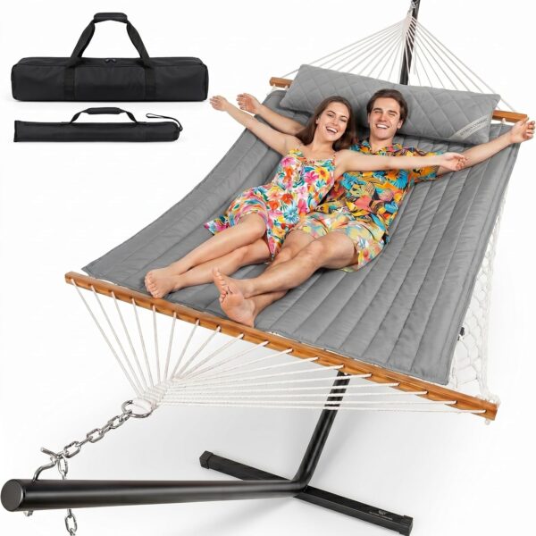 Hamaca Everyfun DC300 para 2 Personas con Soporte Ajustable Cuerda de Algodón Cojín de Poliéster Color Gris con Bolsa de