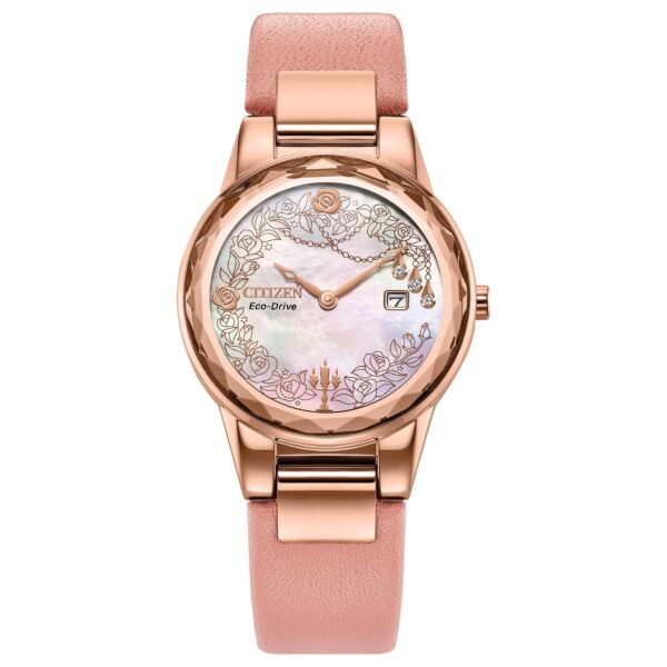 Reloj Citizen Eco-Drive Disney Princess Belle GA1083-43D correa de cuero rosa esfera blanca caja de acero inoxidable 29.