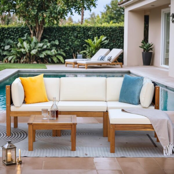 Sofá de Patio Greesum Small Patio Sofa 5 Piezas Madera de Acacia con Mesa de Té Color Natural