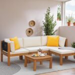 Sofá de Patio Greesum Small Patio Sofa 5 Piezas Madera de Acacia con Mesa de Té Color Natural