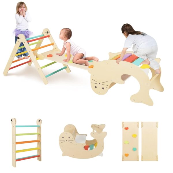 Juego de Escalada Montessori Olakids TS10132CL 7 en 1 Triángulo Rampa y Arco de Madera