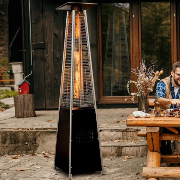 Calentador de Patio OuterMust PH02 48000 BTU Torre Piramidal Propano Negro con Ruedas y Tubo de Vidrio