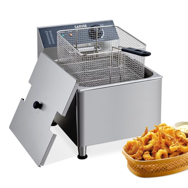 Garvee Freidora eléctrica comercial de 11 L de 1700 W, acero inoxidable 304 con cesta extra gruesa de 6 libras y tapa pr