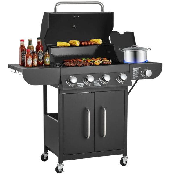 Parrilla de Gas VEVOR EQC64BACJB2X 4 Quemadores más Quemador Lateral 425 Pulgadas Cuadradas Rejillas de Acero al Carbono