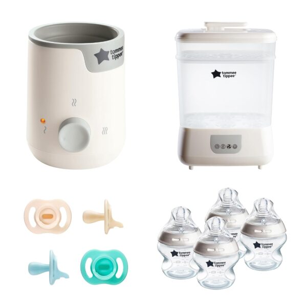 Kit de Alimentación Tommee Tippee Definitivo Esterilizador Secadora de Vapor Calentador de Biberones 4 Chupetes StayPut