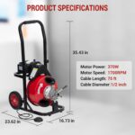 EliteEdge Máquina limpiadora de drenaje de alimentación automática de 75 pies x 1/2 pulgada con motor de 370 W, barrena