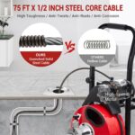 EliteEdge Máquina limpiadora de drenaje de alimentación automática de 75 pies x 1/2 pulgada con motor de 370 W, barrena