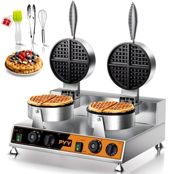 PYY Máquina comercial de gofres – Máquina de gofres redonda de doble cabeza, calentamiento rápido de 2500 W, acero inoxi