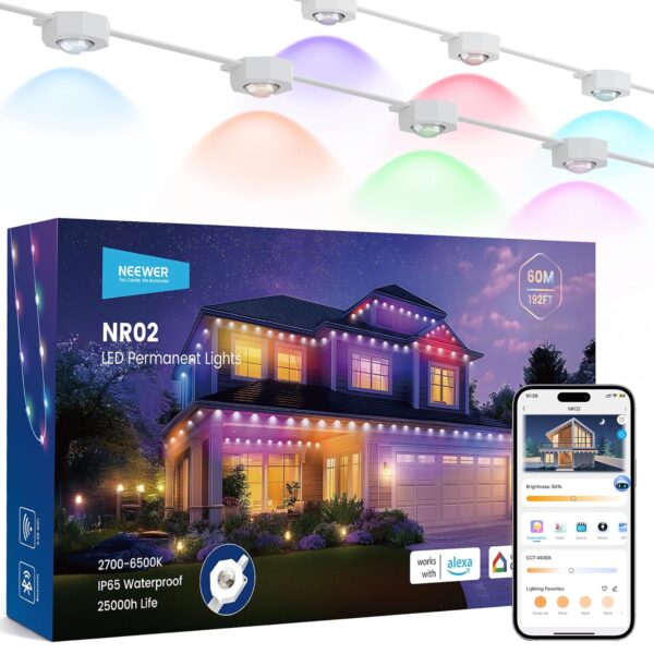 Luces Permanentes NEEWER NR02 para Exteriores 196 pies 120 LED RGBCW Control por App 50 Escenas
