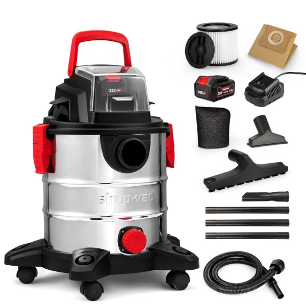 Shop-Vac Aspiradora Inalámbrica Húmeda/Seca de 20V, 5 Galones, 4.7 CV Pico, Succión Fuerte de 10kPa y Soplador, Aspirado