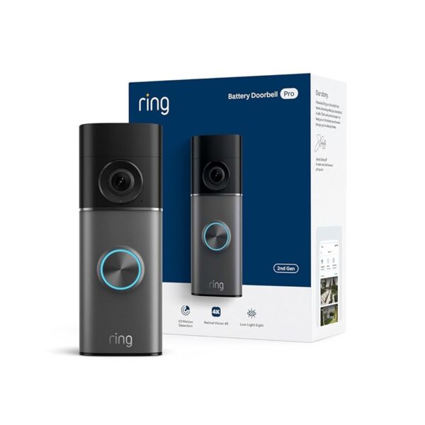 Ring Battery Doorbell Pro (modelo más reciente), video Retinal 4K gran angular, zoom mejorado de hasta 10x, visión noctu