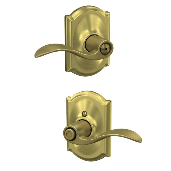 SCHLAGE Accent Lever with Camelot Trim Bed and Bath Lock in Satin Brass - F40 Acc 608 CAM (Pack of 8)