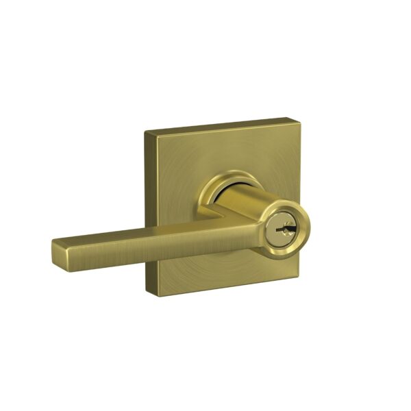 SCHLAGE F51A LAT 608 COL Latitude - Manilla de puerta con moldura Collins, cerradura de entrada con llave, latón satinad