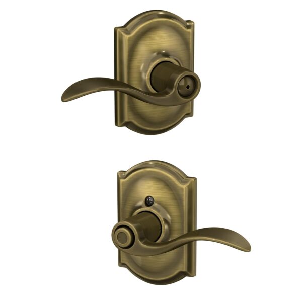 SCHLAGE Accent Lever with Camelot Trim Bed and Bath Lock in Antique Brass - F40 Acc 609 CAM (Pack of 8)