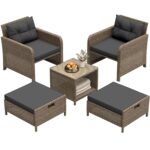 Juego de Patio LHBcraft AMZ-LC-OT007-YE-BK-2 5 Piezas Ratán PE Negro con Otomanas Ocultas y Mesa de Centro con Vidrio Te