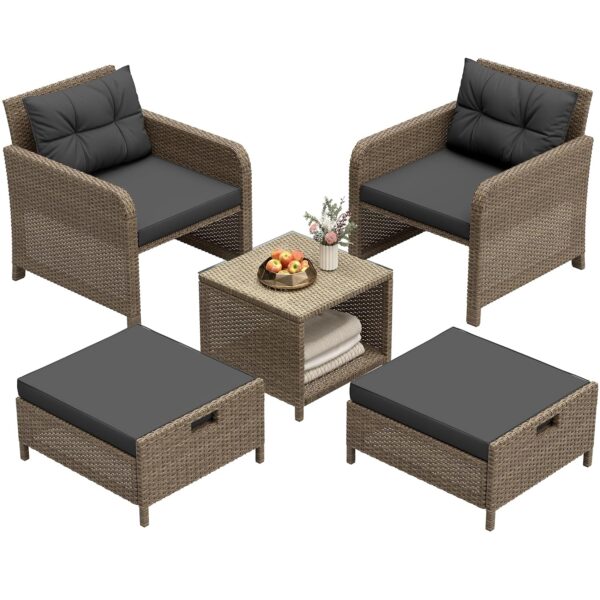 Juego de Patio LHBcraft AMZ-LC-OT007-YE-BK-2 5 Piezas Ratán PE Negro con Otomanas Ocultas y Mesa de Centro con Vidrio Te