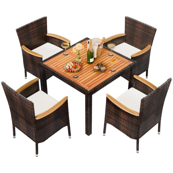 Juego de Comedor de Patio Shintenchi CY5 5 Piezas Mimbre Color Marrón Forma Rectangular con Cojines