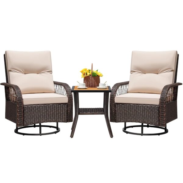Juego de Muebles Giratorios Greesum GS-LC09538BG 3 Piezas Ratán Mesa Auxiliar Cojines Marrón Beige