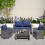 Juego de Muebles de Patio Solaste DKX005BL 4 Piezas Mimbre Azul Marino con Mesa de Vidrio Templado