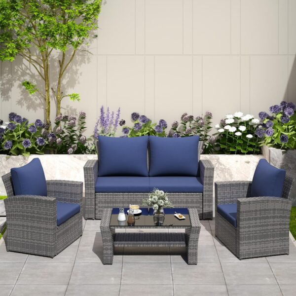 Juego de Muebles de Patio Solaste DKX005BL 4 Piezas Mimbre Azul Marino con Mesa de Vidrio Templado