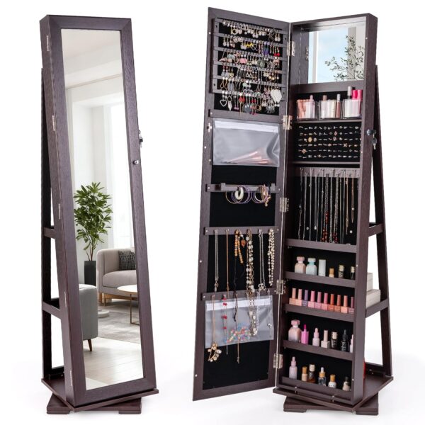 Organizador de Joyas Giratorio GRAFFY 64483-HW-GR con Espejo de Cuerpo Completo y Cerradura Color Espresso