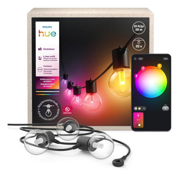 Tira de Luces Philips Hue Festavia Globe 929003858501 91 Pies 32 Bombillas LED Blanco y Color Exterior IP65