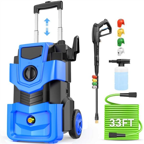 Lavadora a Presión Eléctrica Toyqqeow Modelo 13 5000 PSI 4.0 GPM Azul con Manguera de 33 Pies y Cañón de Espuma