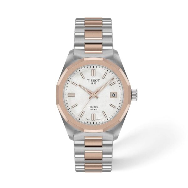 Reloj Tissot PRC 100 Solar T1518222211100 para Mujer Esfera Blanca Caja Acero Inoxidable 34 mm Pulsera Bicolor Oro Rosa