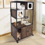 Torre para Gatos con Caja de Arena Oculta PeakPursuit Gabinete de Madera con Ruedas Condominio Hamaca y Poste Rascador 5