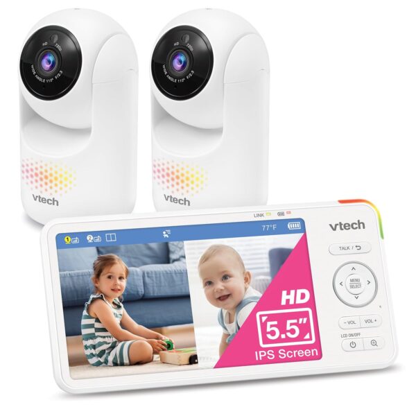 VTech Monitor de Bebé de Video con 2 Cámaras Advanced HD Plus Twin Pantalla IPS de 5.5 Pulgadas Panorámica Inclinación Z