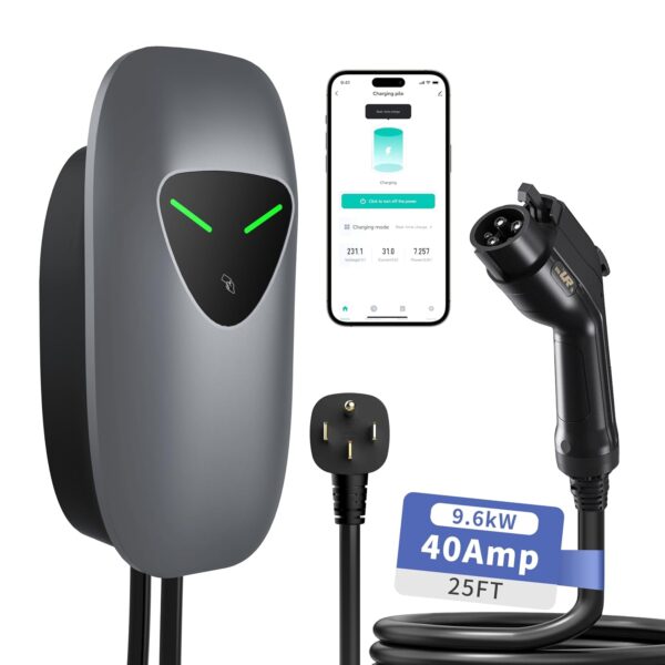 Cargador EV Nivel 2 Aries Nexus 40 Amperios NEMA14-50 Cable 25 Pies WiFi APP RFID Conector J1772 240 Volts