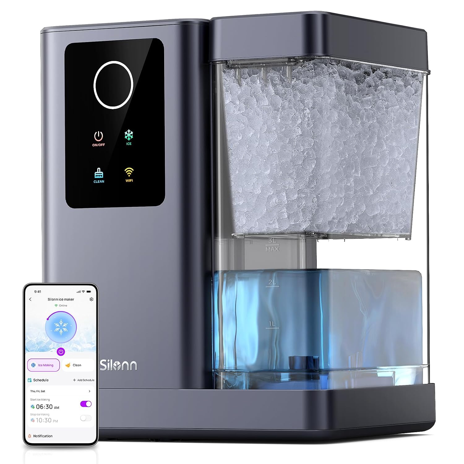 Silonn - Máquina de hielo en pepitas para encimera con APP y control por voz, máquina de hielo autolimpiante con tanque