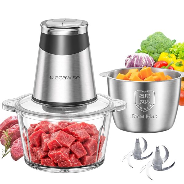 MEGAWISE Procesador eléctrico de alimentos, molinillo de carne de 800 W y picador de verduras, 2 cuencos (acero inoxidab