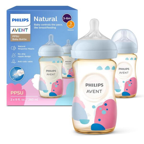 Biberones Philips Avent PPSU SCY943/02 Paquete de 12 Flujo Medio 9 Onzas Color Ámbar Dorado con Decoración