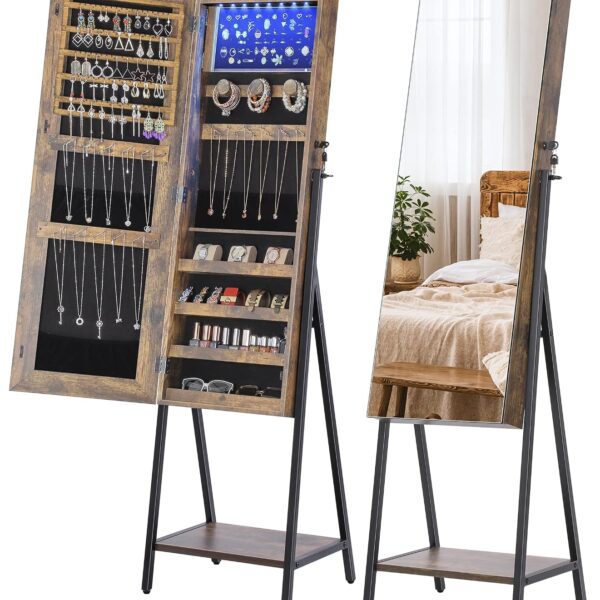 Armario de Joyería Nicetree Jewelry Armoire LED con Espejo de Cuerpo Entero Rotación 360° Madera Marrón con Negro