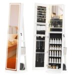 Armario de Joyería con Espejo LED TJYGO BJ002 Giratorio 360 Grados Blanco 21.6x21.6x63 Pulgadas
