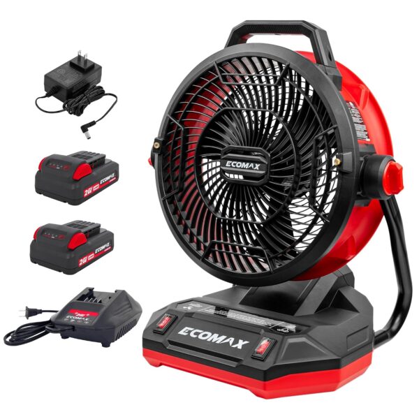 Ventilador de Nebulización ECOMAX EMF501214MB 12 Pulgadas AC/DC Inalámbrico 1400 CFM 2 Velocidades Negro y Rojo