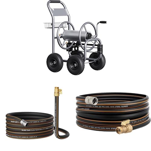 Set Carrito Porta Manguera Giraffe Tools con 4 Ruedas y Mangueras de Jardín 25 Pies y 35 Pies 5/8 Pulgadas Conexiones Ma