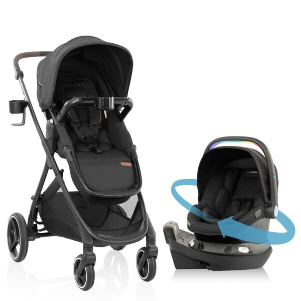 Sistema de Viaje Evenflo Shyft Intuiti+ con Asiento de Auto Giratorio Revolve180 LiteMax NXT SensorySoothe Negro Jaspe