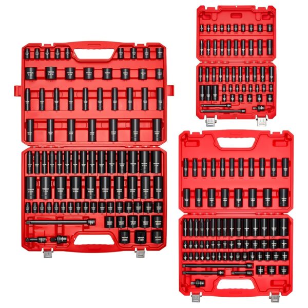 VEVOR Juego de dados de impacto de 1/4, 3/8 y 1/2 pulgadas, 210 piezas métricas y estándar completas, profundos y poco p