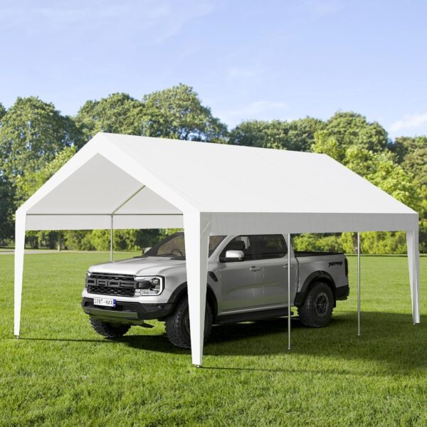Cochera BouPower 10x20 Pies Marco de Aluminio Blanca Lona Impermeable Triple Capa Resistente a Rayos UV