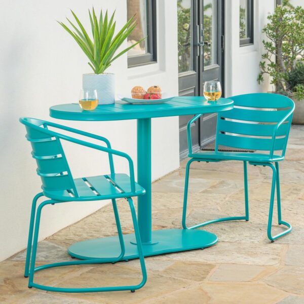Juego de Bistró para Exteriores Christopher Knight Home Adley 303409 3 Piezas Mesa Ovalada Verde Azulado Hierro