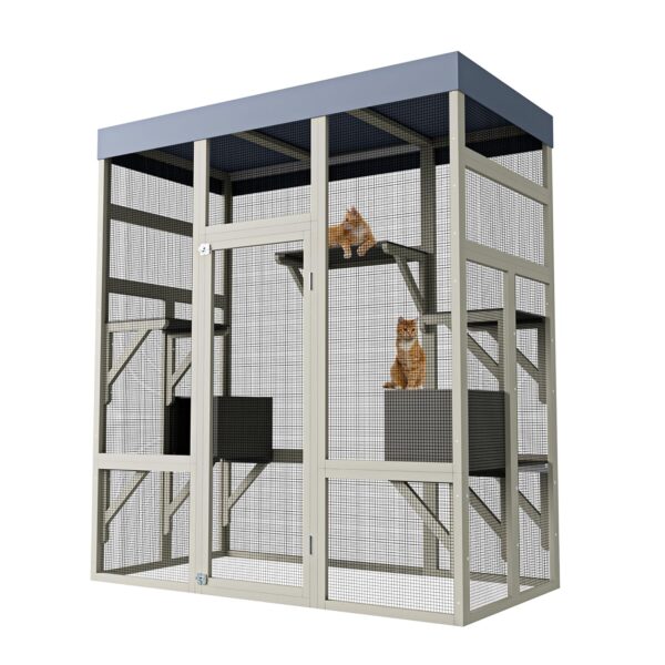 Casa para Gatos Exterior GAOMON XXYdJfYFdp con Cinco Plataformas de Actividades y Dos Áreas de Descanso Madera Gris