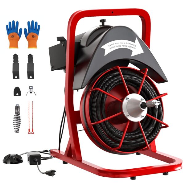 Garvee Máquina limpiadora de drenaje de 75 pies x 1/2 pulgada, cable de núcleo de acero, portátil, 370 W, máquina de lim