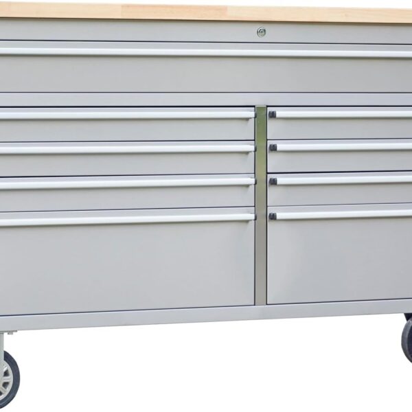 ExploreHorizon Cofre de herramientas rodante resistente de 61 pulgadas y banco de trabajo móvil con 9 cajones, parte sup