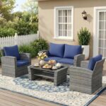 Juego de Patio Wisteria Lane DKX005BL 4 Piezas Mimbre Azul Marino con Mesa de Vidrio Templado